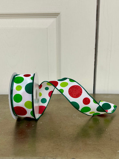 1.5 Inch By 10 Yard Lime Emerald And Red Glitter Dots Ribbon