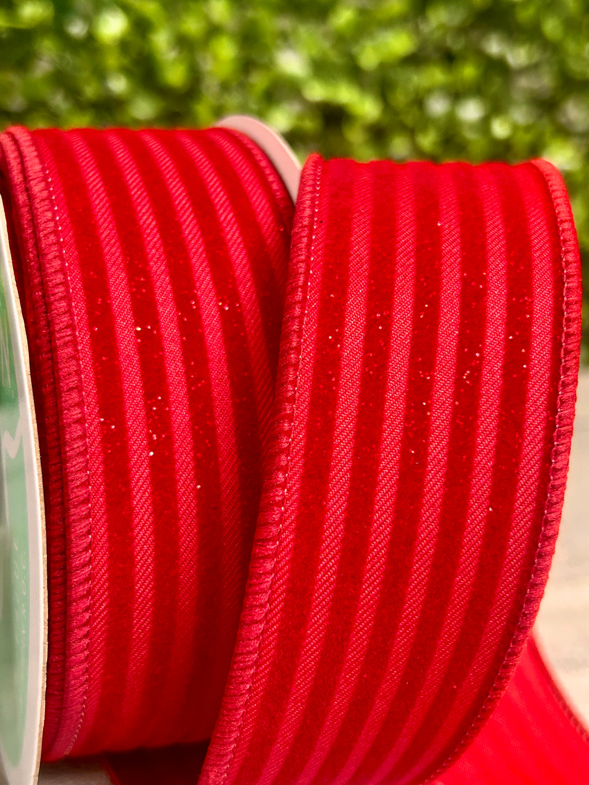 1.5 Inch By 10 Yard Red Glittered Velvet Vertical Lines Ribbon