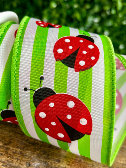 2.5 Inch By 10 Yard Ladybug On Stripes Ribbon