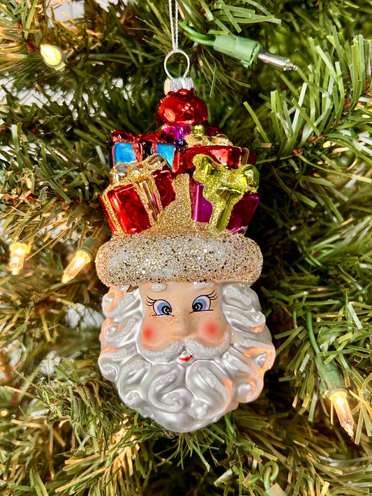 6 Inch Retro Glass Santa Head With Presents Ornament
