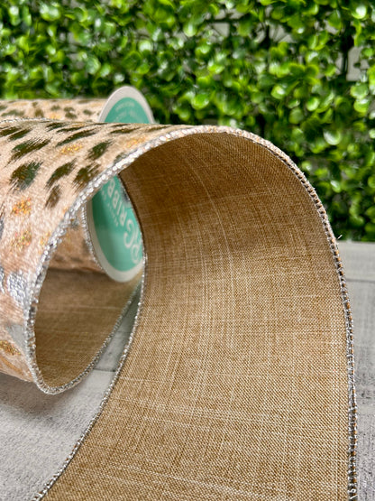 4 Inch By 10 Yard Light Brown Silver And Gold Velvet Metallic Animal Spots Ribbon