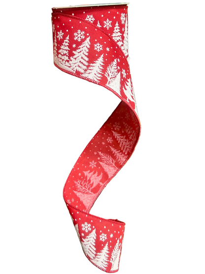 2.5 Inch By 10 Yard White Christmas Trees On Red Background Ribbon