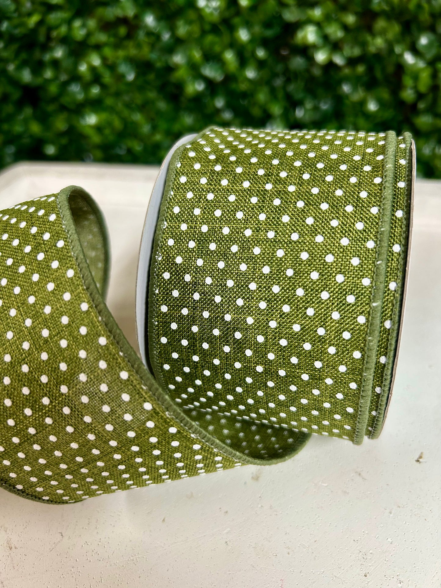2.5 Inch By 10 Yards Moss Green And White Raised Swiss Dots On Royal Ribbon