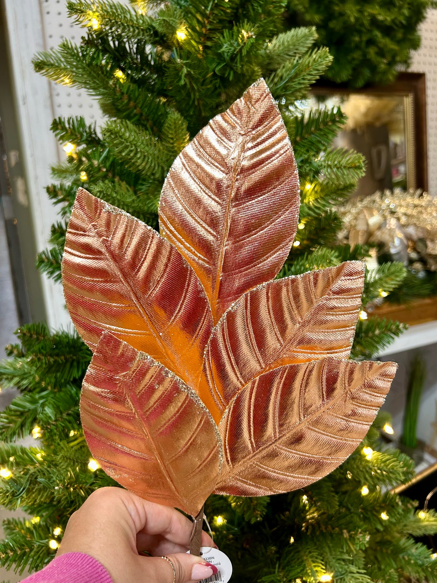 18.25 Inch Copper Wired Metallic Magnolia Leaf Spray
