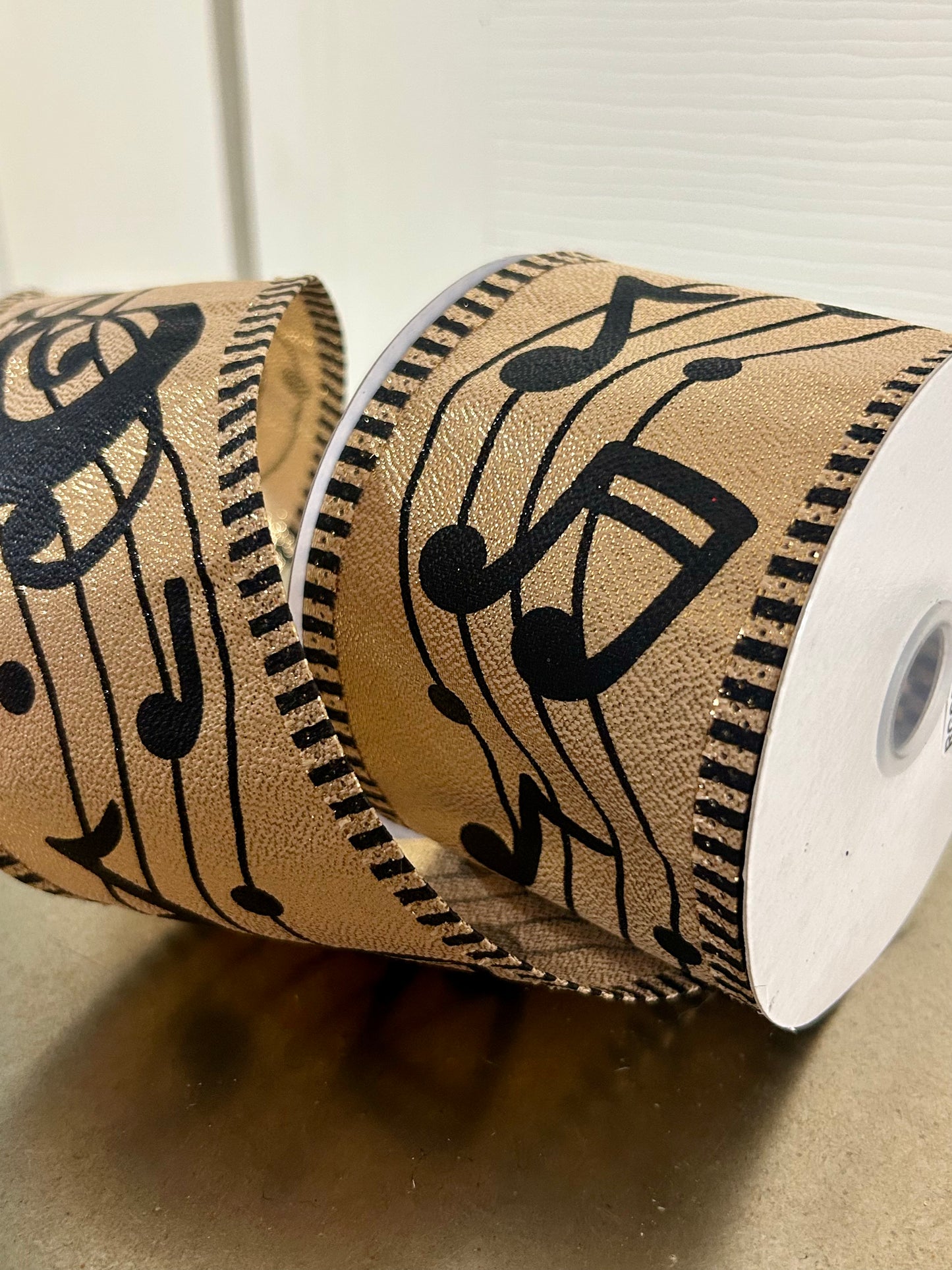 2.5 Inch By 10 Yard Gold And Black Bold Music Notes Striped Ribbon