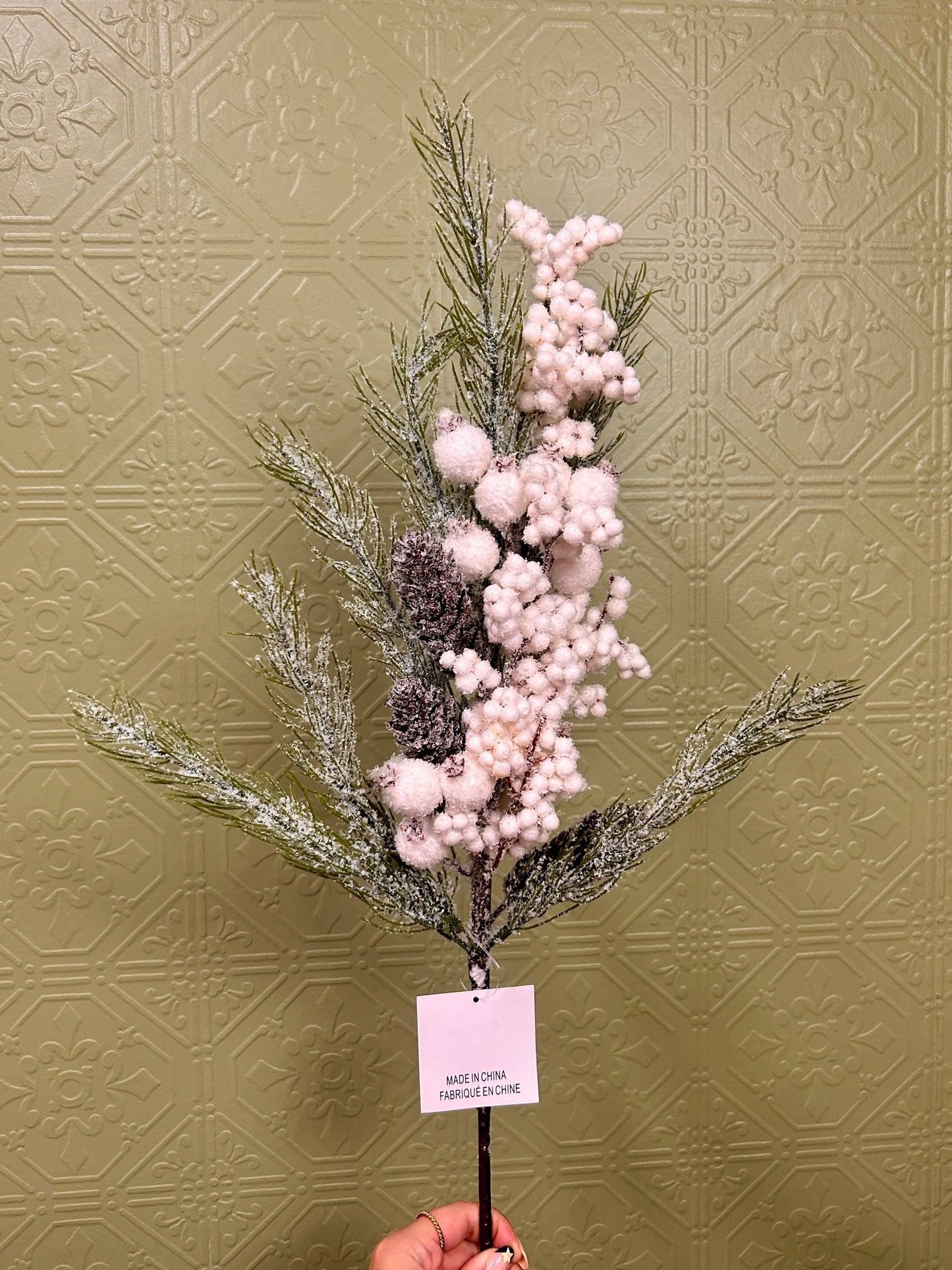 28 Inch White Berry Pinecone With Snow Spray