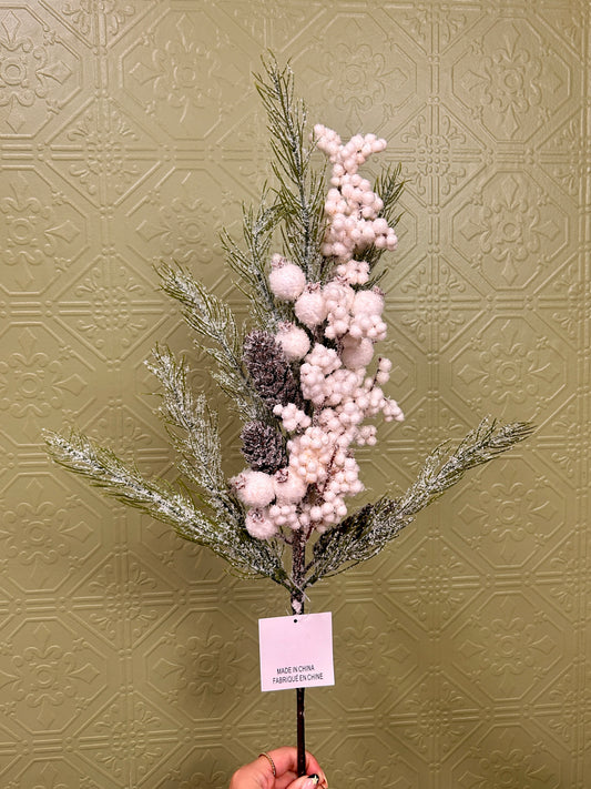 28 Inch White Berry Pinecone With Snow Spray