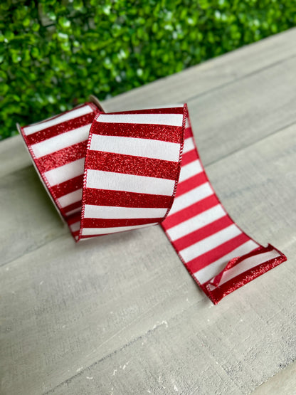 2.5 Inch By 10 Yard Red And White Horizontal Glitter Stripe Ribbon