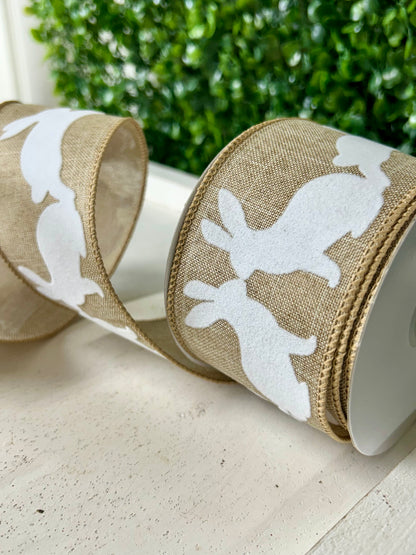 2.5 Inch By 10 Yard Natural Linen With Flocked White Bunnies Ribbon