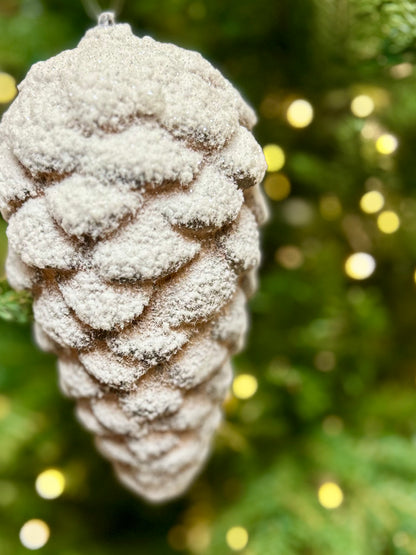 7 Inch White And Brown Pinecone With Snow Ornament