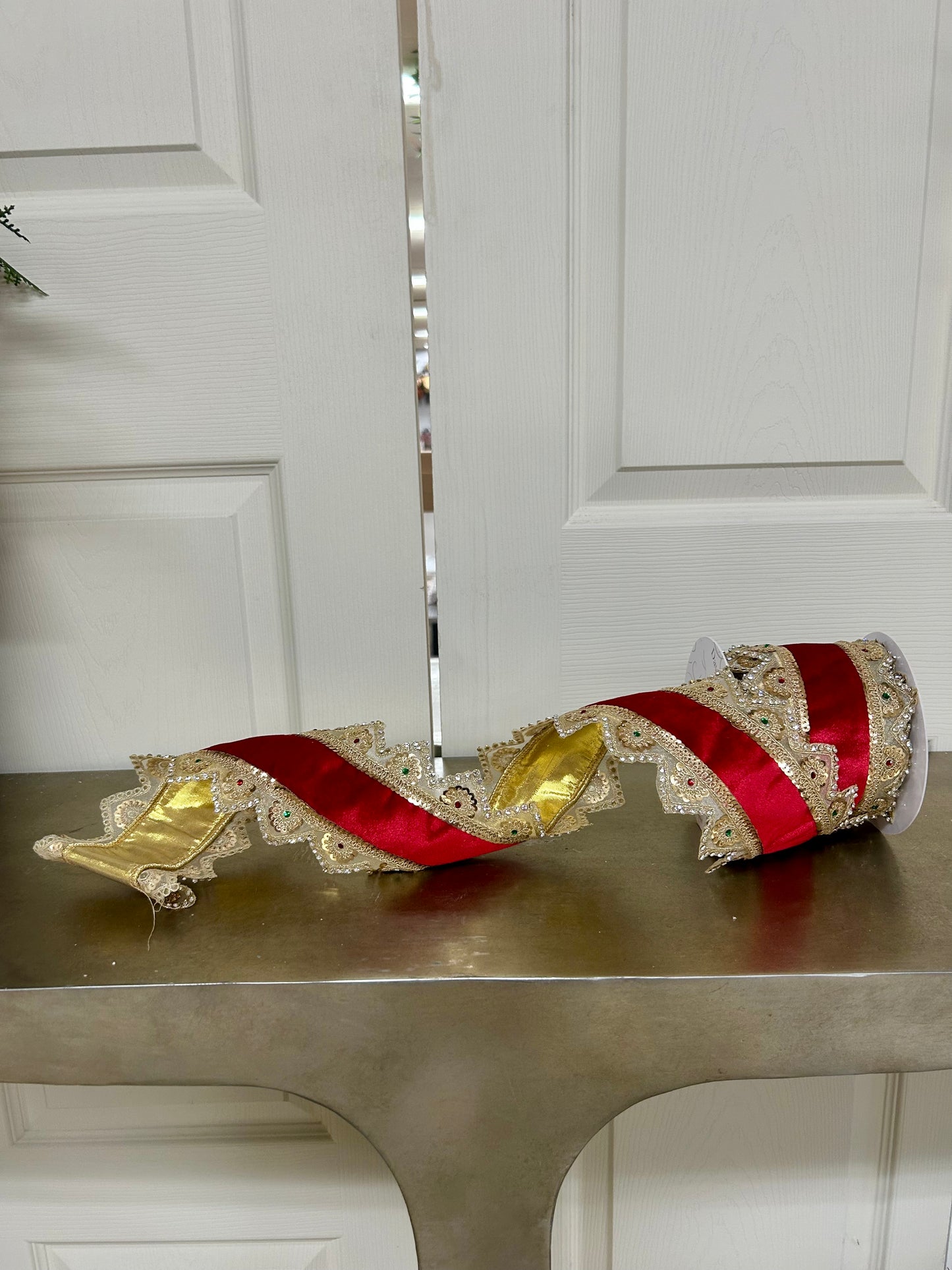 4 Inch By 5 Yard Gold Trim With Jewels On The Edge Of Red Ribbon