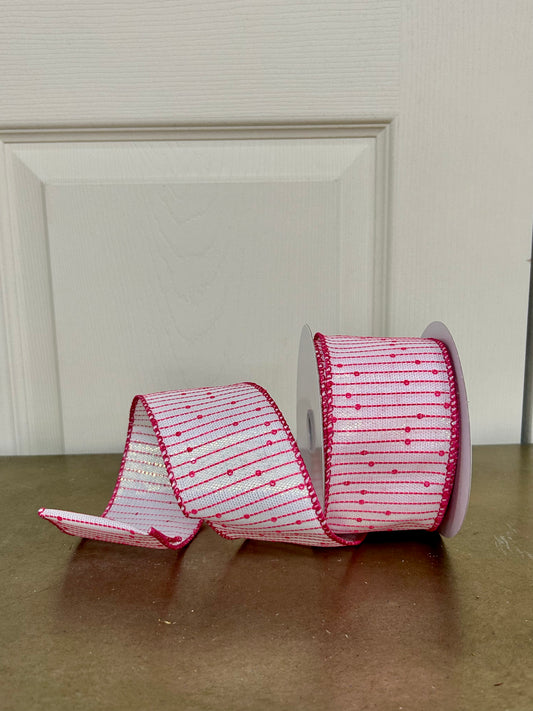 2.5 Inch By 10 Yard White Iridescent Fuchsia Woven Sequin Stripe Ribbon