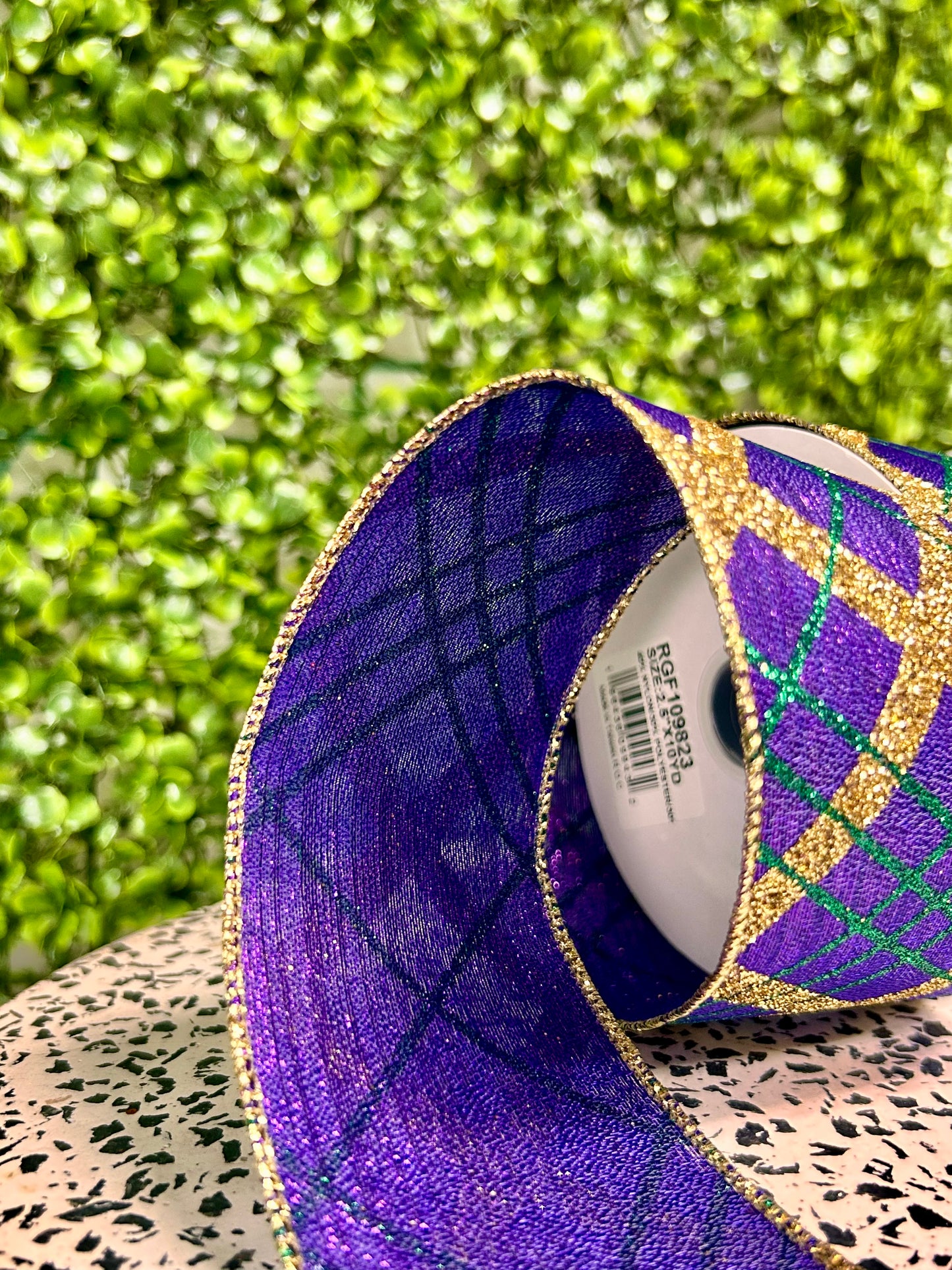 2.5 Inch By 10 Yard Purple Gold And Green Glitter Diagonal Plaid Ribbon