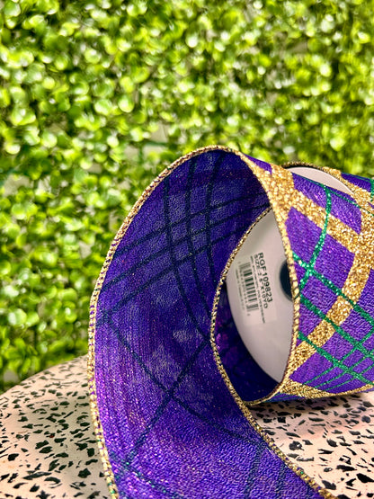 2.5 Inch By 10 Yard Purple Gold And Green Glitter Diagonal Plaid Ribbon