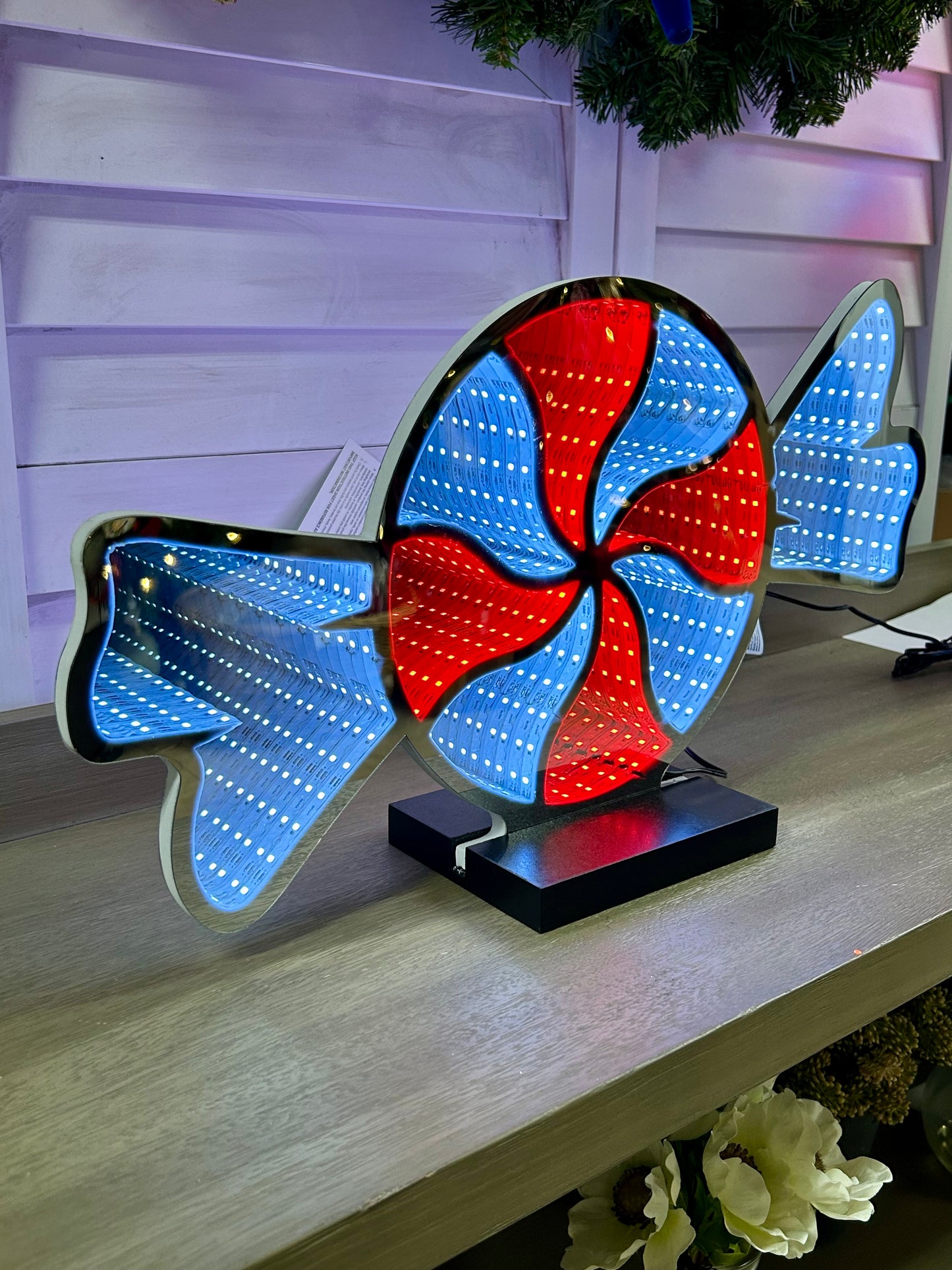 21.5 Inch Electric Infinity Lighted Candy And Candy Cane With Wood Base Two Styles