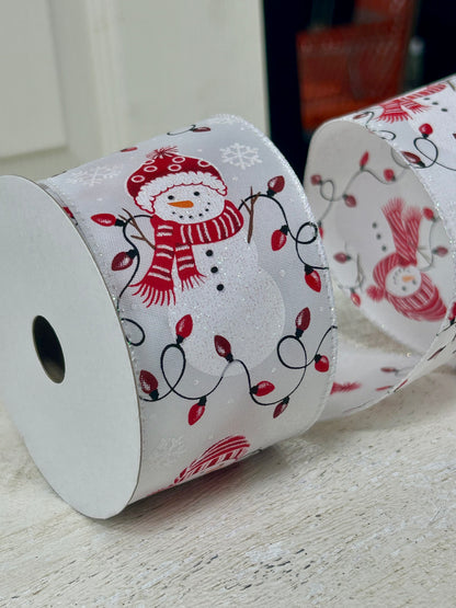 2.5 Inch By 10 Yard Red Snowman With Scarf And Christmas Lights