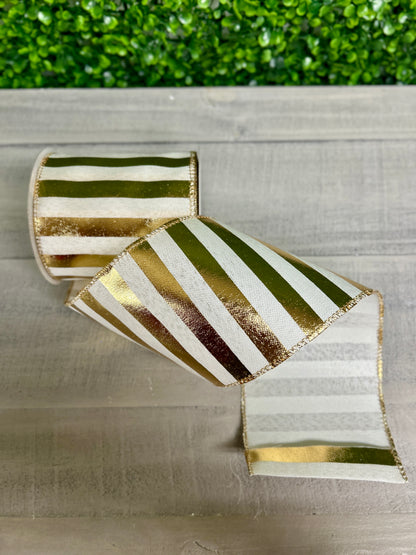 4 Inch By 10 Yard White Linen Gold Horizontal Big Stripes Ribbon