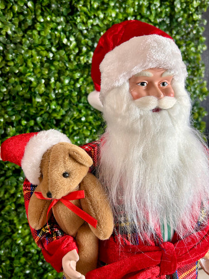 18 Inch Polyester Holiday Santa Figurine With Plaid Robe