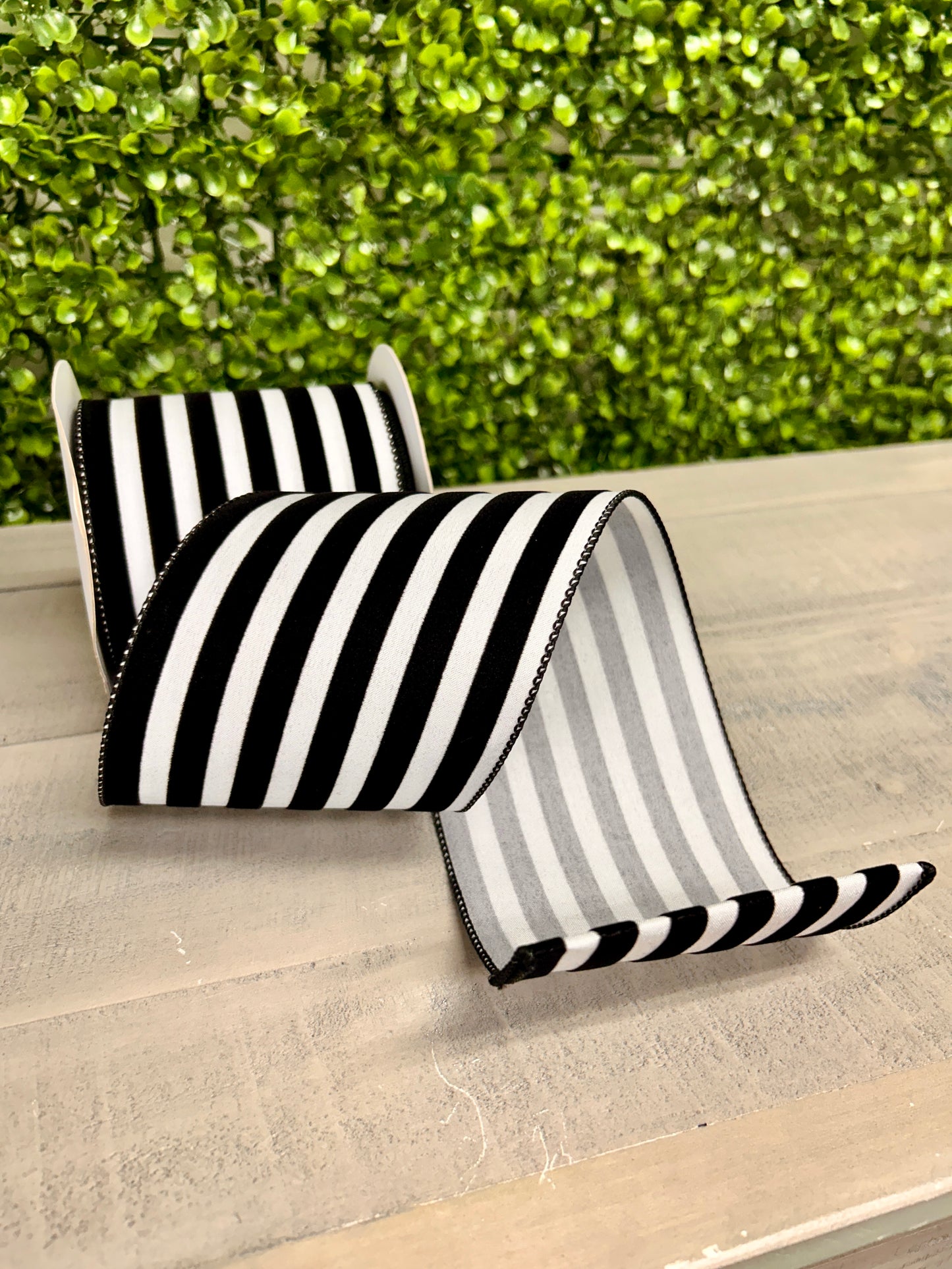 4 Inch By 10 Yard Black And White Flocked Cabana Stripes Ribbon