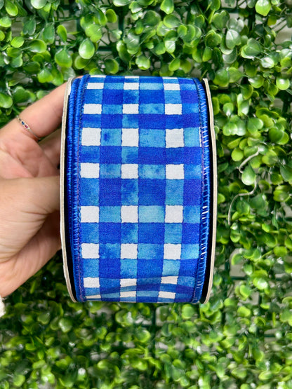 2.5 Inch By 10 Yard Royal Blue Watercolor Check Deluxe Dupioni Backed Wired Edge Ribbon