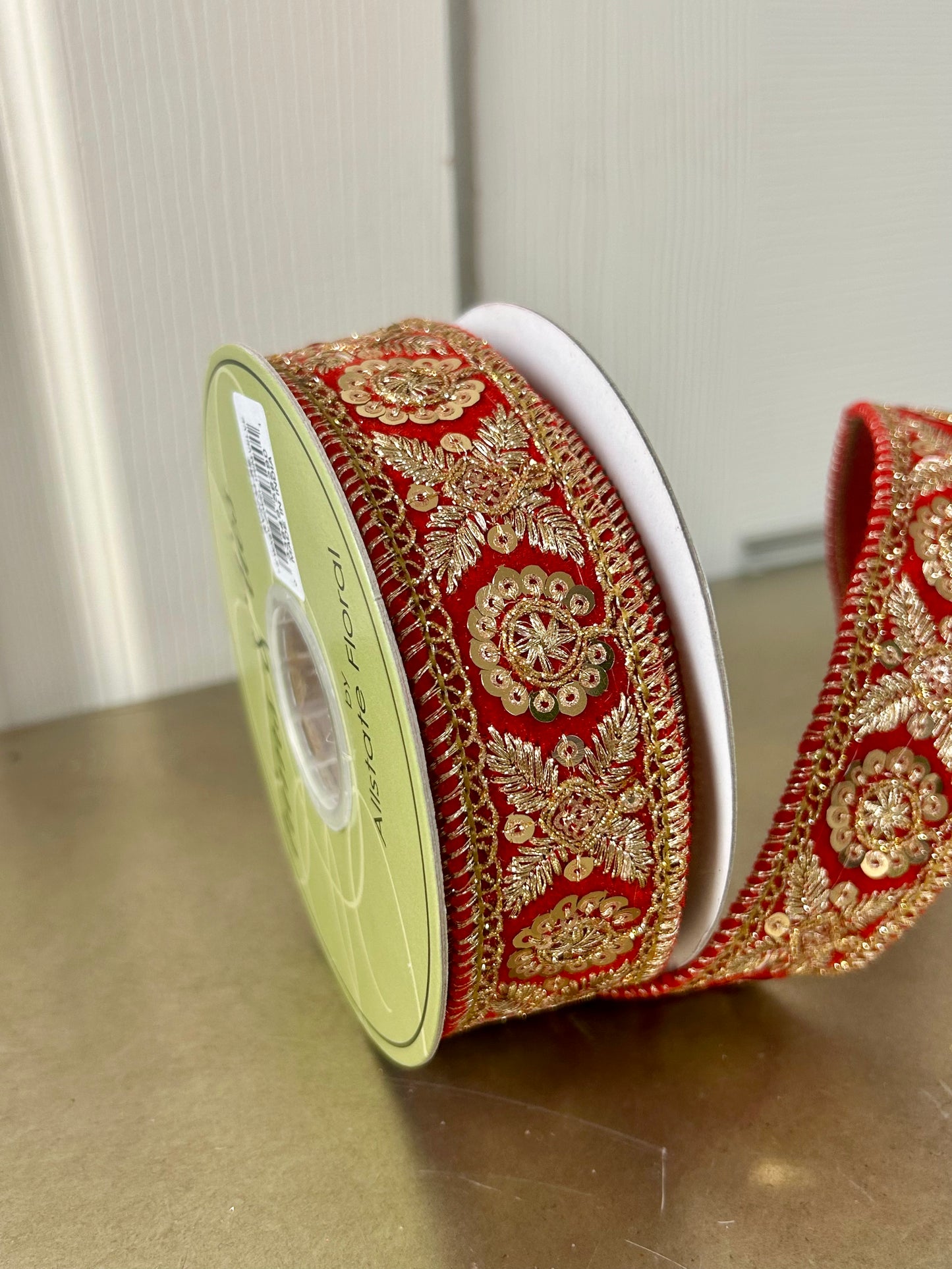 1.5 Inch By 5 Yard Red  And Gold Jewel Trim Velvet Ribbon