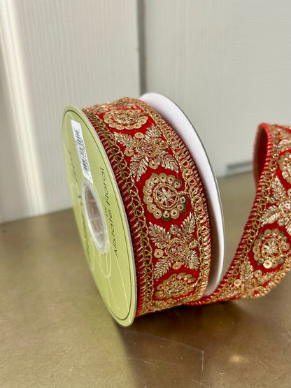 1.5 Inch By 5 Yard Red  And Gold Jewel Trim Velvet Ribbon