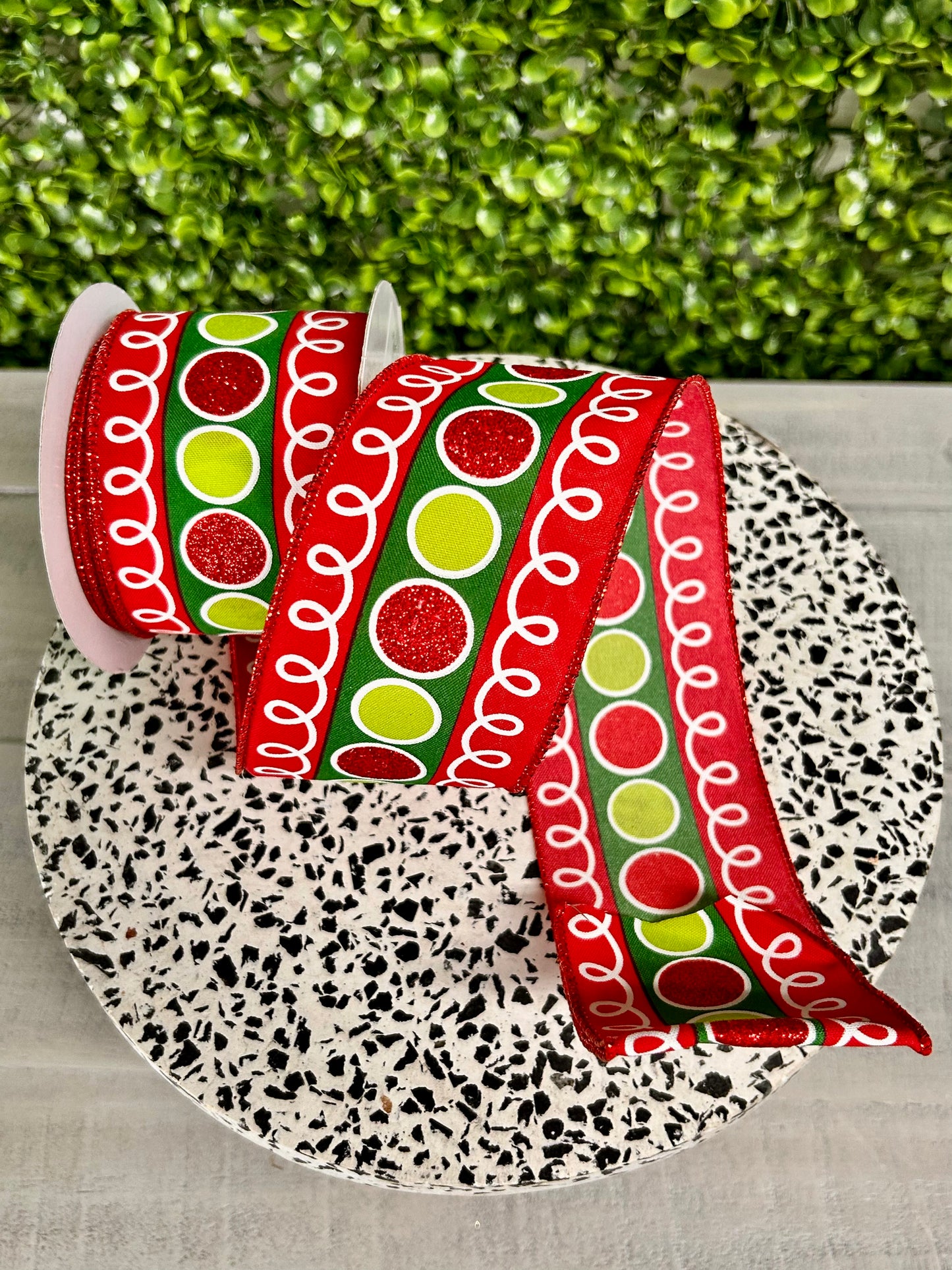 2.5 Inch By 10 Yard Red Lime And Emerald Stripe With Glitter Circles And Loops Ribbon