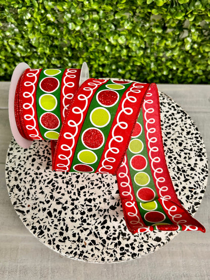 2.5 Inch By 10 Yard Red Lime And Emerald Stripe With Glitter Circles And Loops Ribbon