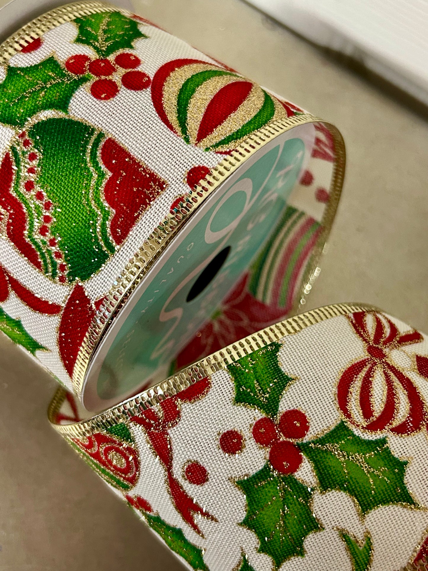 2.5 Inch By 10 Yard Poinsettia And Ornaments Ribbon