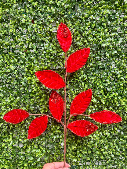 27 Inch Red Velvet And Glitter Magnolia Leaf Spray