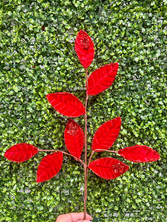 27 Inch Red Velvet And Glitter Magnolia Leaf Spray