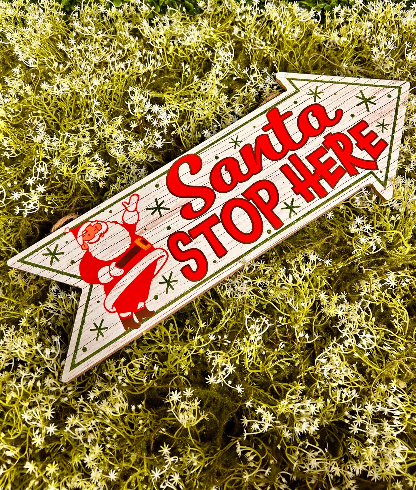 16 Inch Glitter Santa Stop Here Arrow Shaped Wood Sign