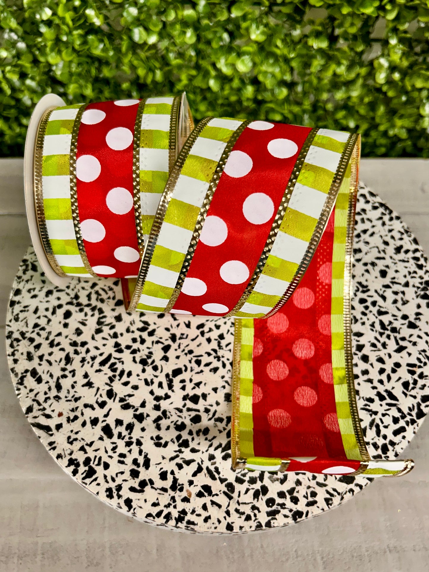 2.5 Inch By 10 Yard Red And White Polka Dots With Lime Stripes Ribbon