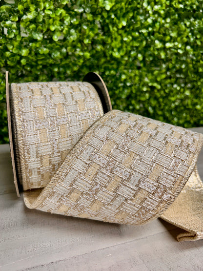 4 Inch By 5 Yard Champagne And Gold Metallic Backing Tweed Ribbon
