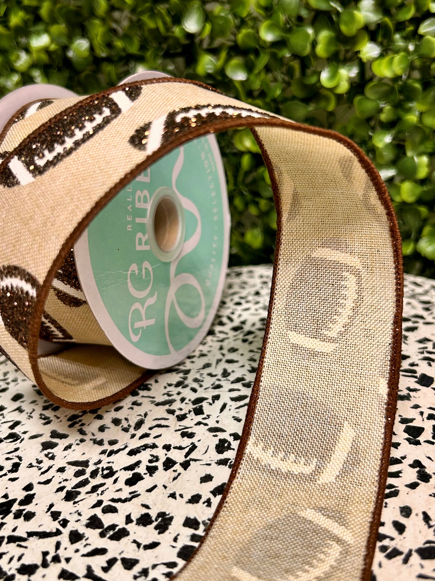 1.5 Inch By 10 Yard Cream White And Chocolate Glitter Football On Royal Ribbon