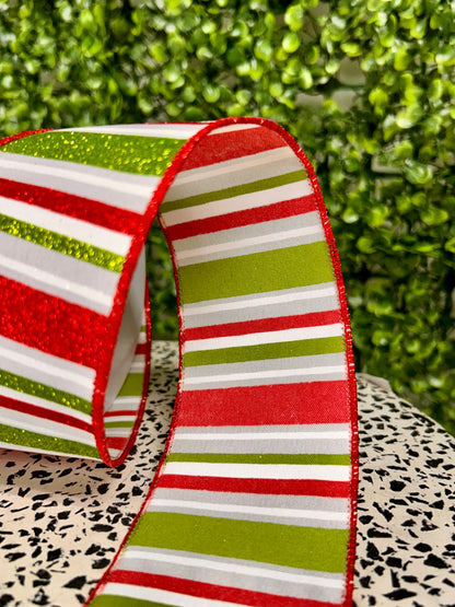 2.5 Inch By 10 Yard Red White And Lime Horizontal Stripe Ribbon