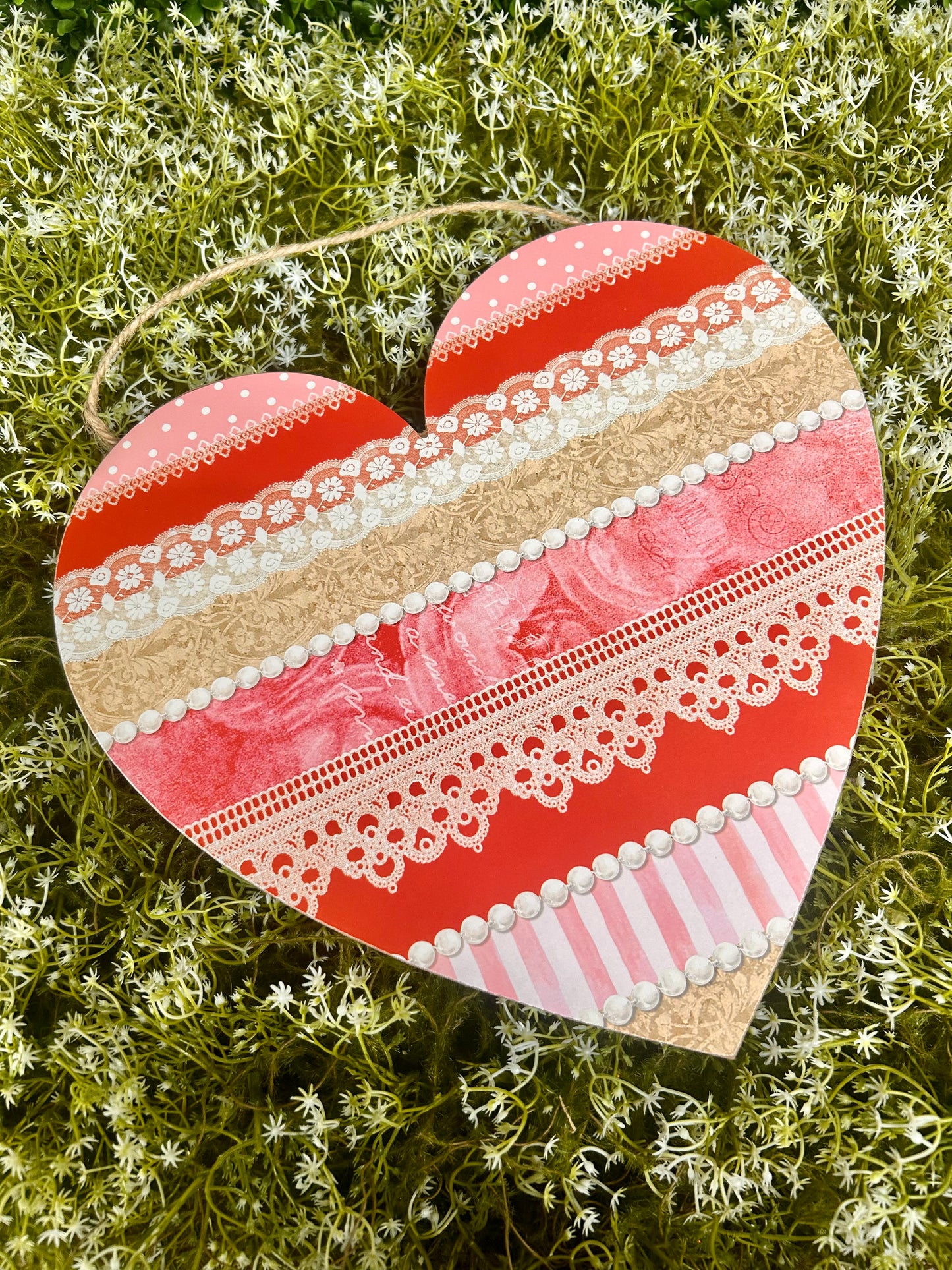 12 Inch Red And Pink Striped Pattern Heart Wood Sign