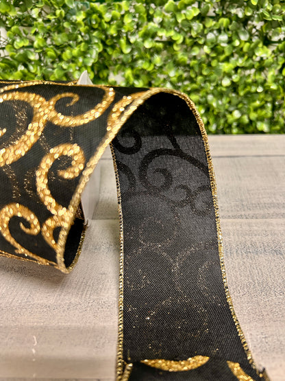 2.5 Inch By 10 Yard Black And Gold Glitter Swirl Ribbon
