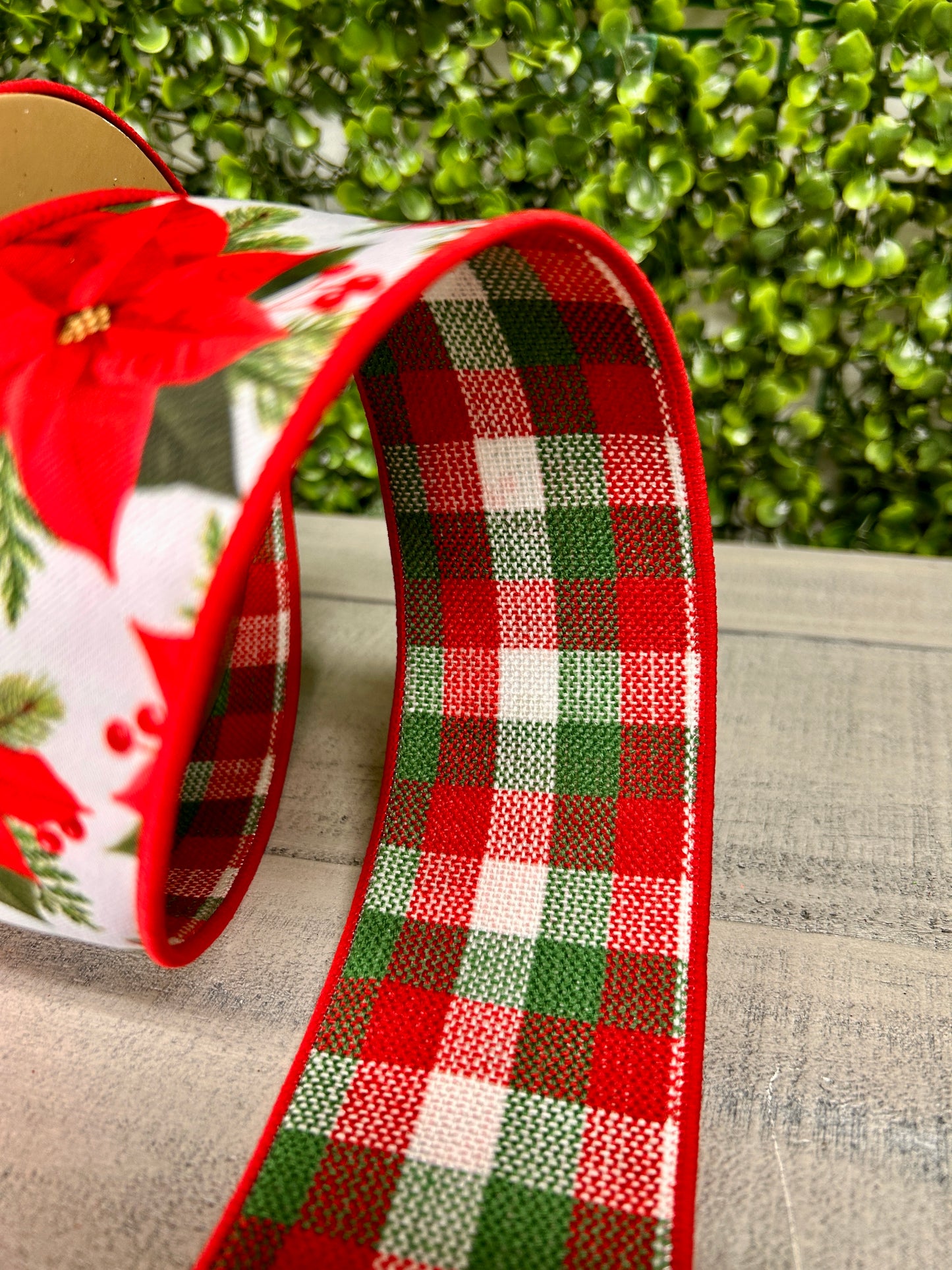 2.5 Inch By 10 Yard Poinsettia With Red And Green Check Backing Ribbon