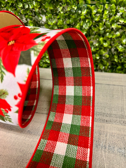 2.5 Inch By 10 Yard Poinsettia With Red And Green Check Backing Ribbon