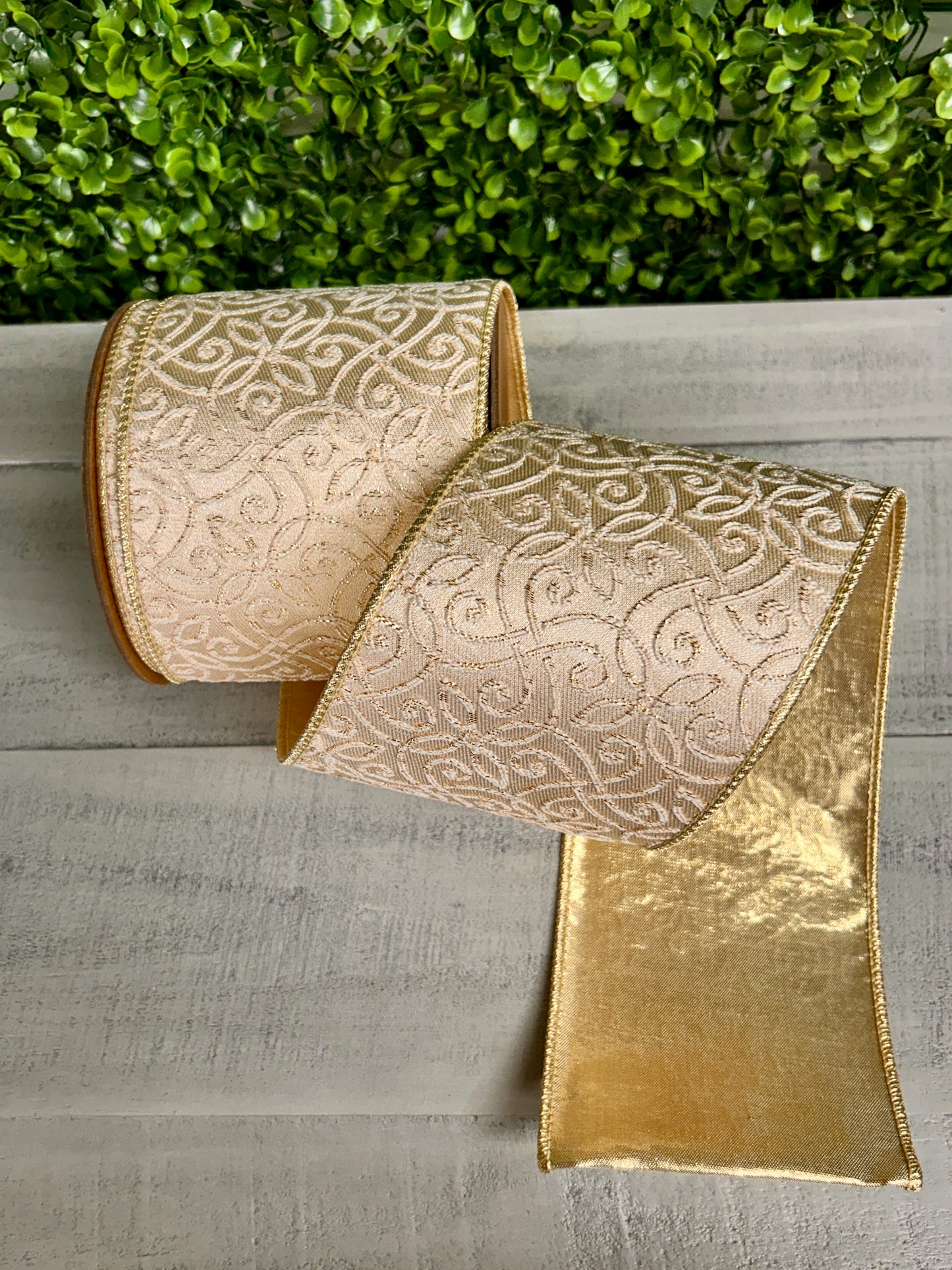 4 Inch By 10 Yard Ivory And Gold Jacquard With Gold Dupioni Fused Backing Ribbon