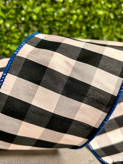 4 Inch By 10 Yards Black And Grey Grand Gingham Check With Royal Blue Edge Ribbon