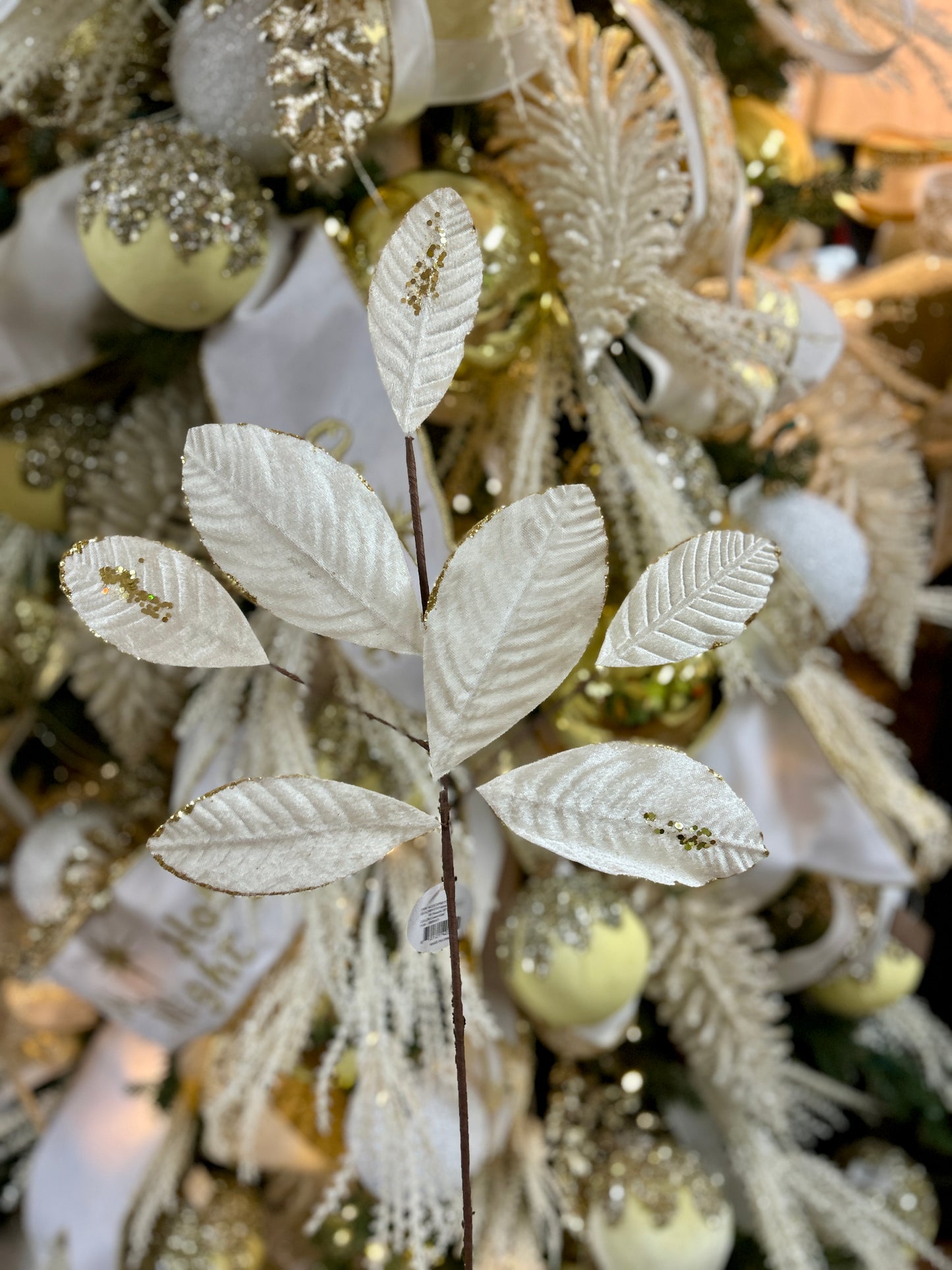 26 Inch Cream And Gold Velvet Sequin Magnolia Leaf Spray