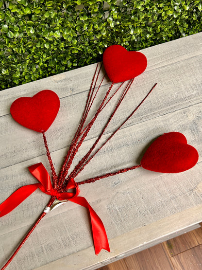 24 Inch Red Flocked Heart Stem