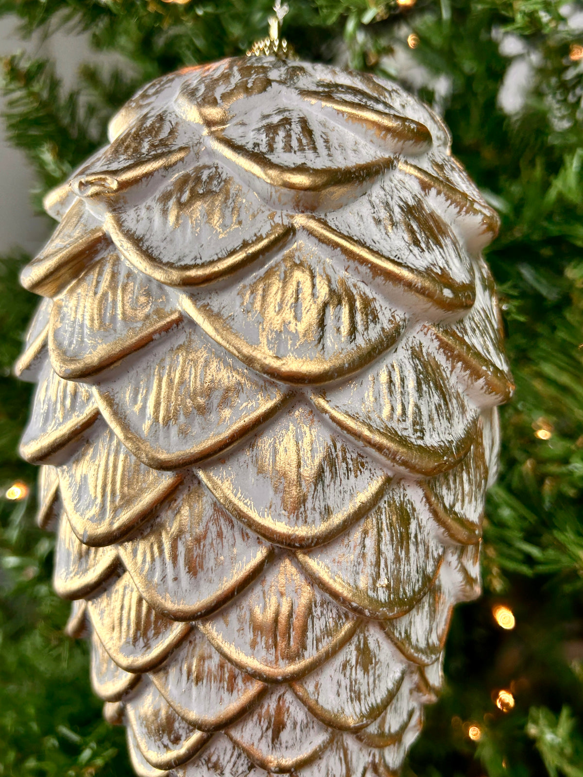 9 Inch White And Gold Pinecone Ornament