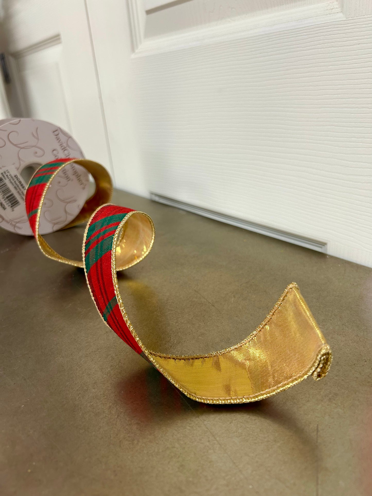 1.5 Inch By 10 Yard Modern Red And Green Christmas Plaid With Gold Back Ribbon