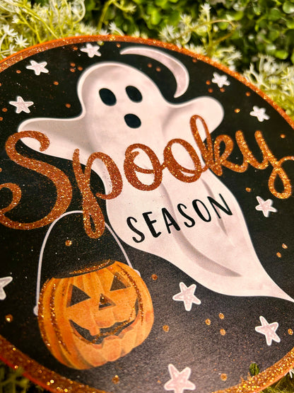 8 Inch Glitter Spooky Ghost Metal Sign