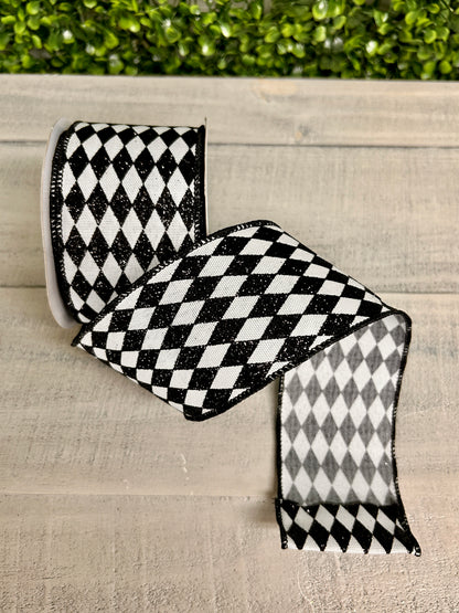 2.5 Inch By 10 Yard Black And White Glitter Harlequin Ribbon