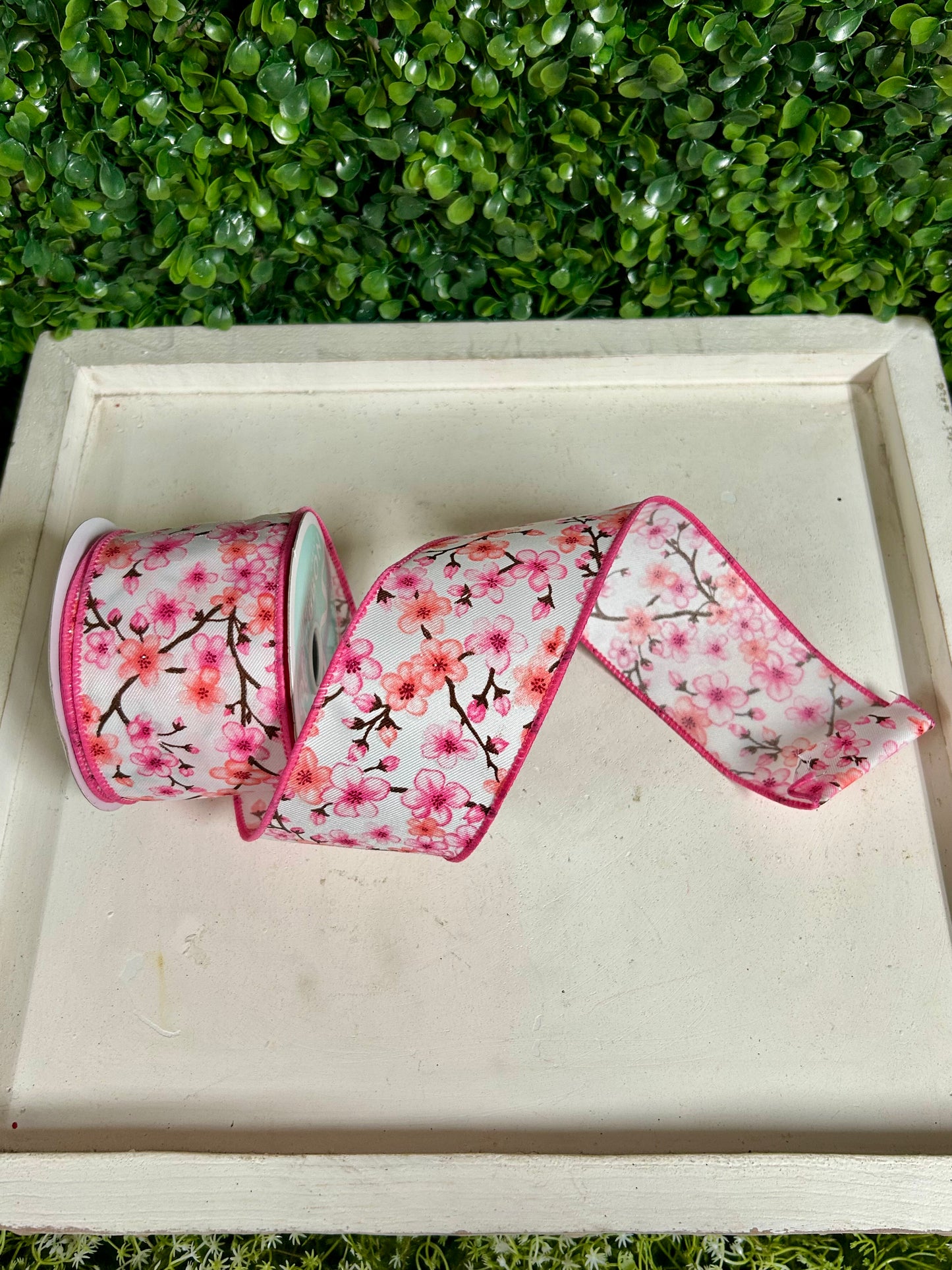 2.5 Inch White Pink And Peach Cherry Blossoms Ribbon