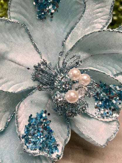 22 Inch Light Blue Glitter Sequin And Bead Magnolia Spray